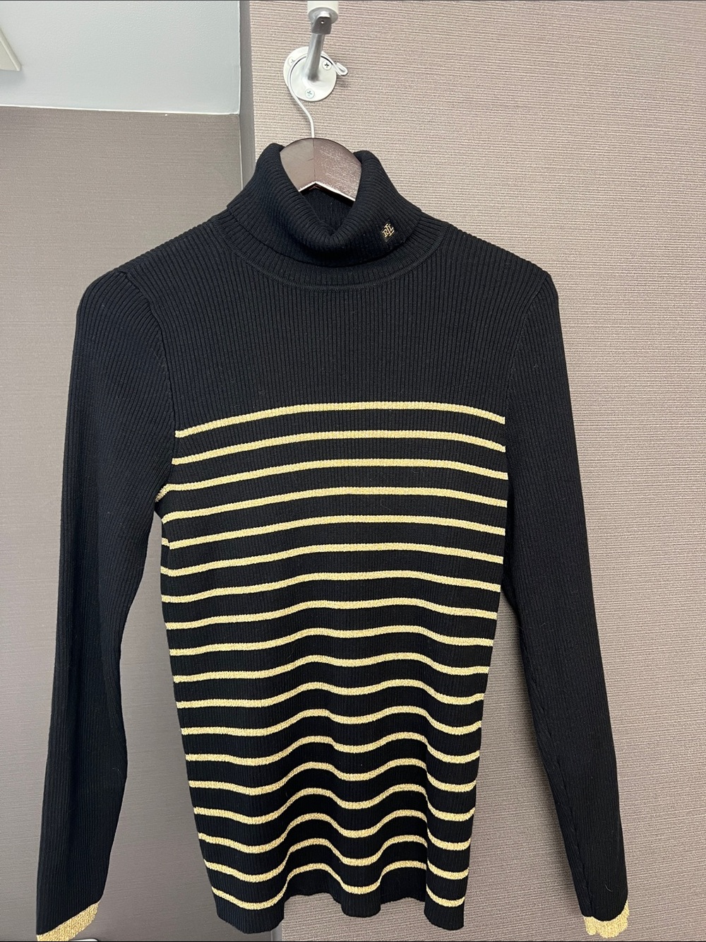 Lauren Ralph Lauren Black Ribbed Turtleneck Sweater Gold Stripes